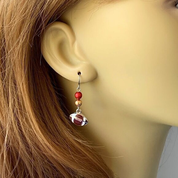 Football Earrings Red Gold Team Colors Womens Sports Jewelry Gifts Handmade USA - Picture 5 of 6